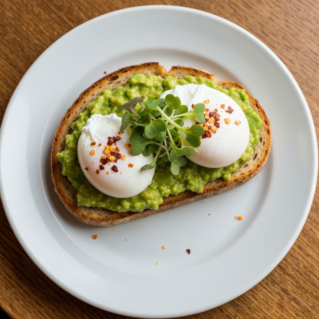 Avocado smash on sourdough toast with poached eggs and microgreens