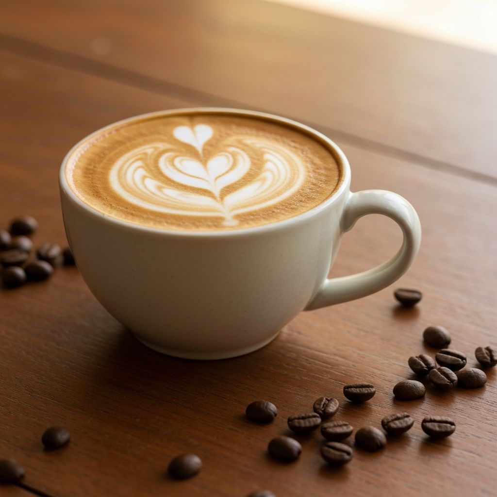 A freshly brewed flat white coffee with latte art in a ceramic cup
