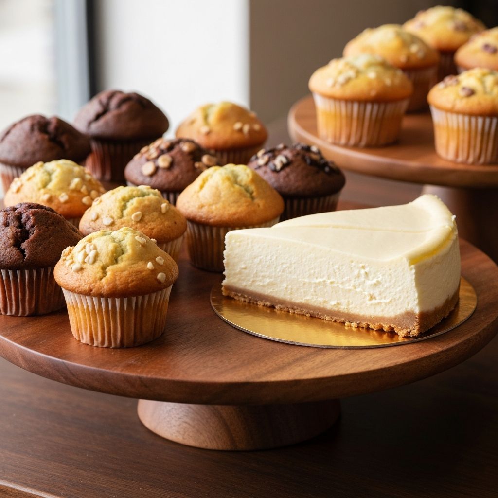 Assorted muffins and cheesecake on a wooden cake stand